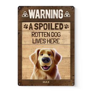 Attention, chiens gâtés vivent ici ! Plaque en métal personnalisée pour décoration d'intérieur, cadeau de pendaison de crémaillère pour propriétaires et amoureux des animaux.