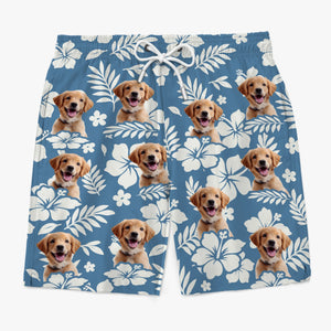 Short de plage hawaïen personnalisé avec photo et queue qui remue - Short de plage hawaïen tropical personnalisé pour chien et chat - Cadeau de vacances d'été pour propriétaires et amoureux des animaux