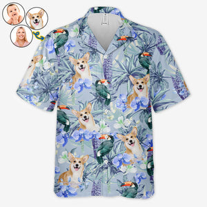 Motif oiseau tropical et fleurs - T-shirt hawaïen unisexe personnalisé pour chien et chat - Télécharger une image, visage de chien ou de chat - Cadeau vacances d'été, cadeau pour propriétaires d'animaux et amoureux des animaux