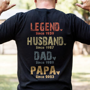 Légende, Mari, Papa et Papa Depuis - T-shirt imprimé unisexe personnalisé au dos, sweat à capuche, sweat-shirt - Cadeau pour papa, grand-père