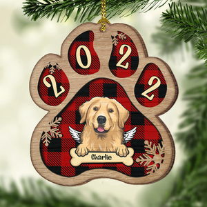 Décoration de Noël personnalisée en bois en forme de patte - Chien, chat et neige - Motif à carreaux Buffalo - Décoration personnalisée et cadeau pour les amoureux des animaux