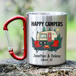 Happy Campers Outdoor Adventure - Mug de camping personnalisé avec mousqueton - Cadeau pour les amateurs de camping