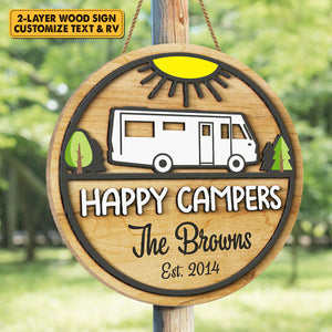 Family Happy Campers - Personalized Shaped Wood Sign, 2 Layers Sign - Gift For Camping Lovers