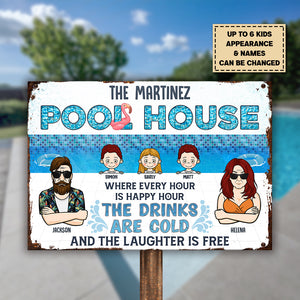 Maison familiale avec piscine : le rire est gratuit – Plaque en métal personnalisée – Cadeau pour couple, mari et femme
