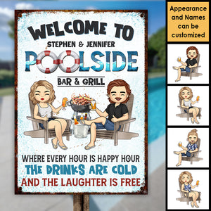 Bienvenue au Poolside Bar & Grill – Plaque métallique personnalisée – Cadeau pour couple, mari et femme