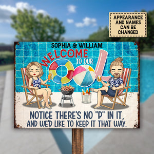 Bienvenue à notre piscine - Plaque métallique personnalisée - Cadeau pour couple, mari et femme