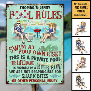 Règles de la piscine privée familiale - Plaque en métal personnalisée - Cadeau pour couple, mari et femme