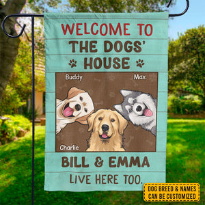 Bienvenue chez les chiens, nous vivons ici aussi - Drapeau personnalisé pour chien - Cadeau pour les propriétaires d'animaux et les amoureux des animaux