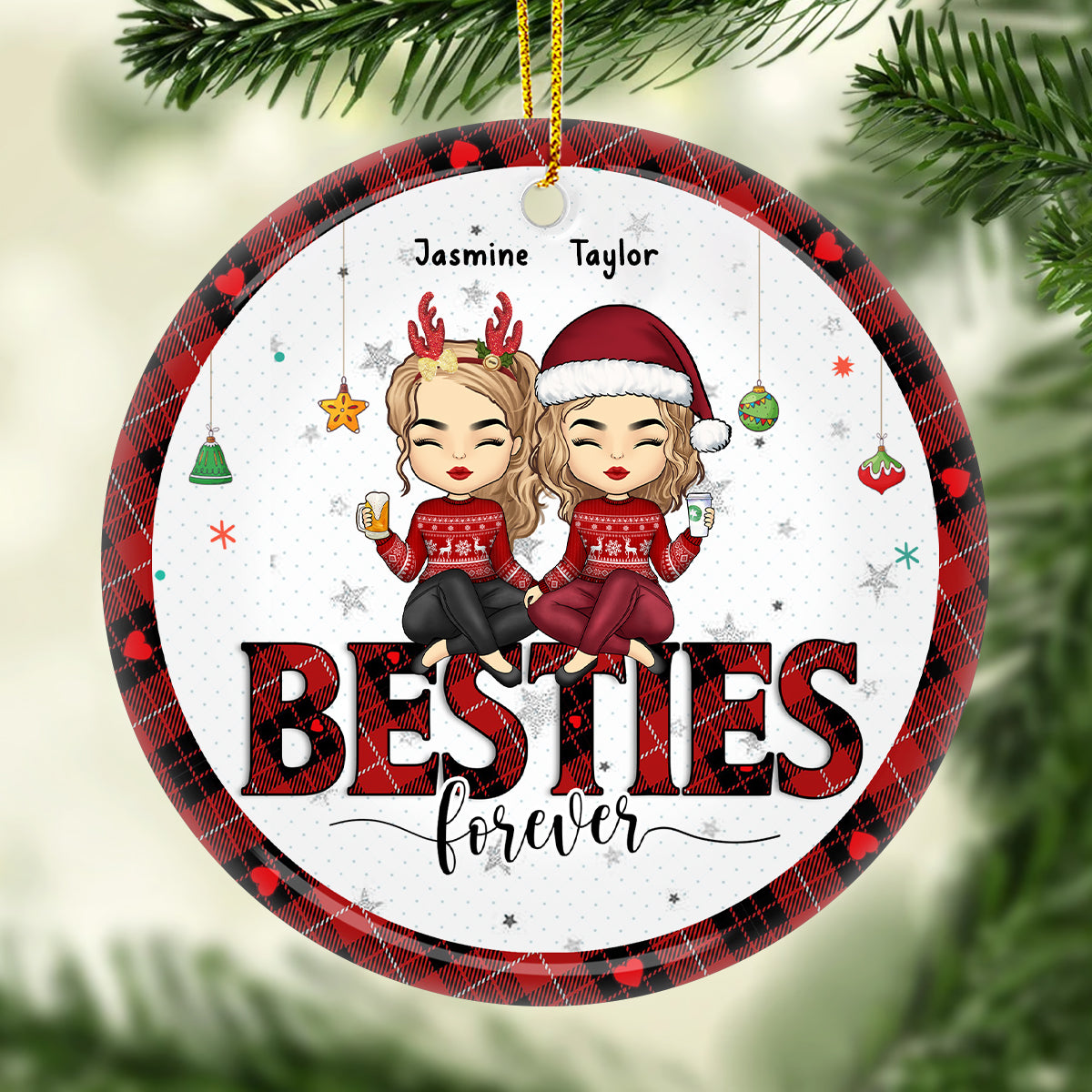 Besties By Heart - Ornement personnalisé Bestie - Forme ronde en céramique - Cadeau de Noël pour meilleures amies, meilleures amies, sœurs