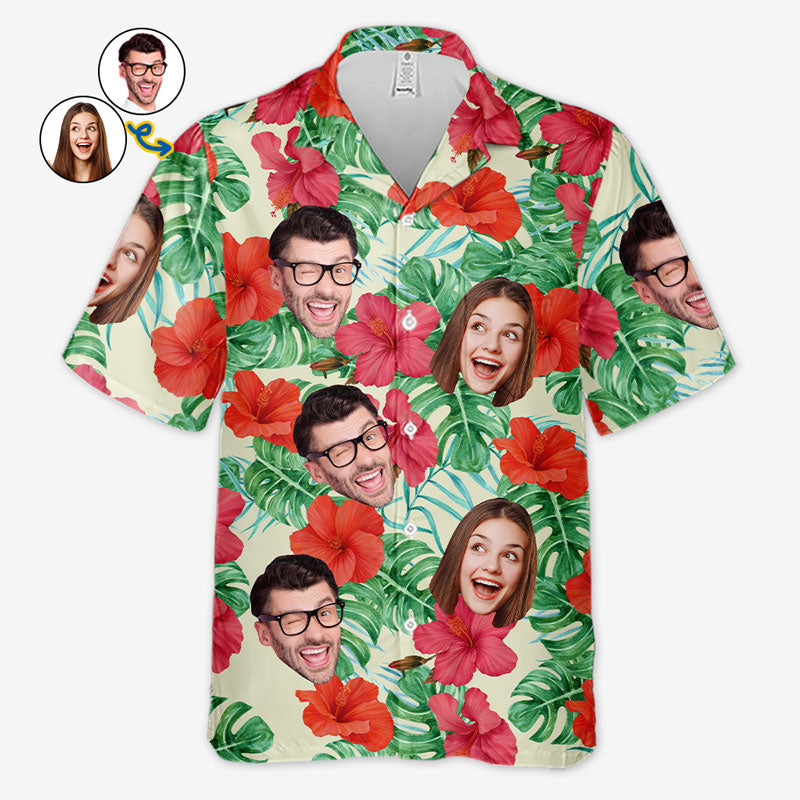 Photo personnalisée, ambiance tropicale estivale - T-shirt hawaïen unisexe personnalisé pour couple - Cadeau vacances d'été, cadeau pour mari et femme