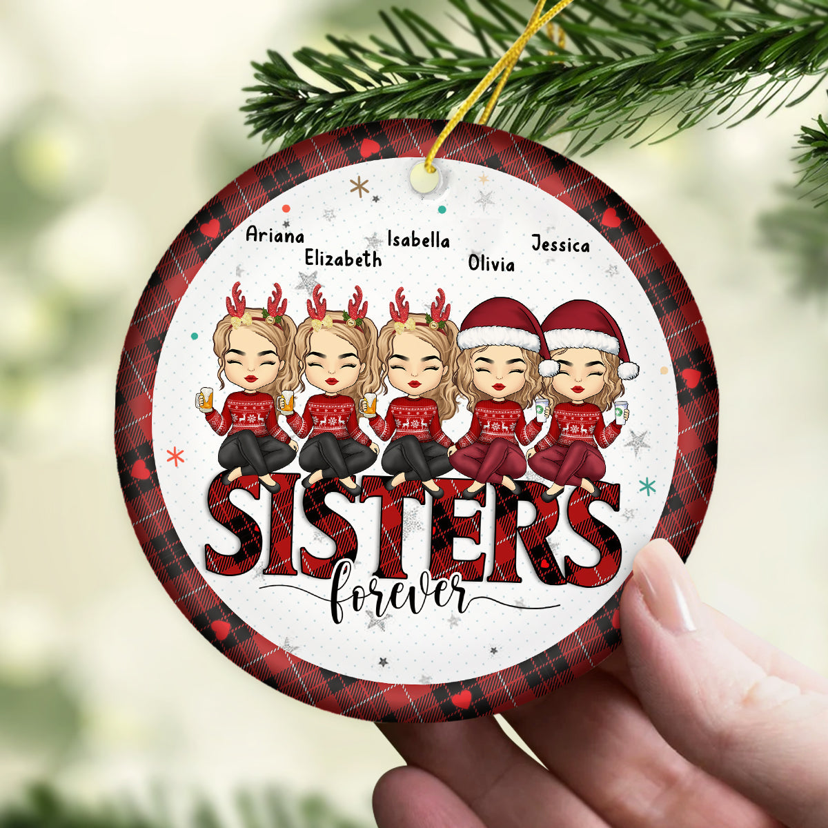 Besties By Heart - Ornement personnalisé Bestie - Forme ronde en céramique - Cadeau de Noël pour meilleures amies, meilleures amies, sœurs