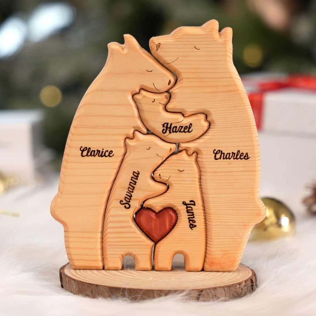 Nous sommes un - Puzzle en bois personnalisé en forme d'ours - Sculptures d'animaux en bois, ornements de table en sculpture sur bois, décoration en bois sculpté - Cadeau pour les membres de la famille