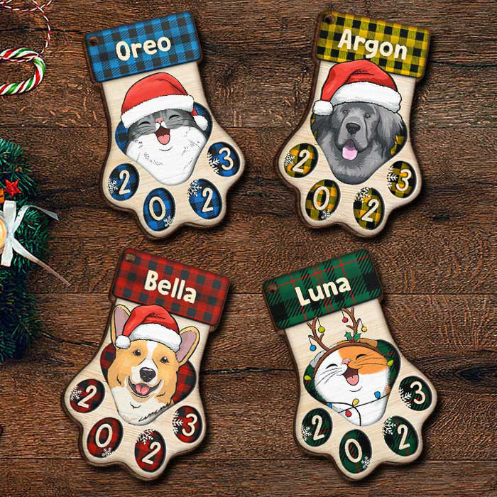 Joyeux Pawlidays - Chiens de Noël et chats souriants - Décoration de Noël en bois personnalisée en forme de patte