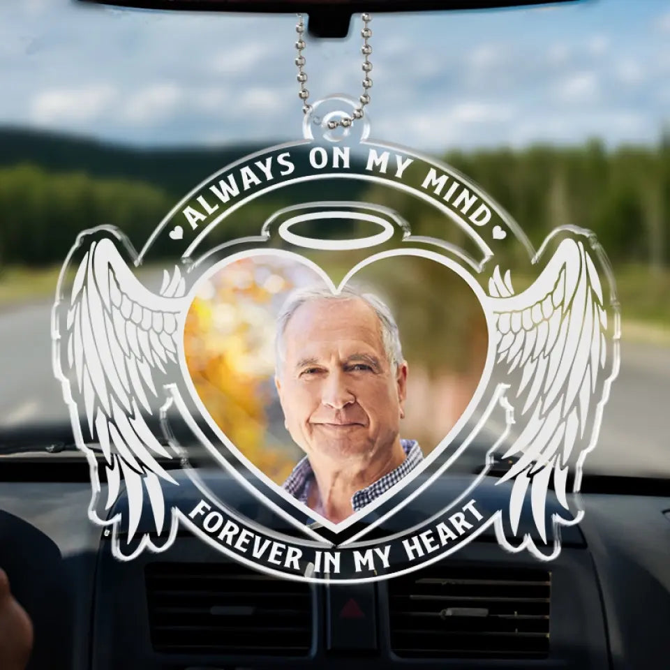 Photo personnalisée pour toujours dans nos cœurs - Ornement de voiture personnalisé commémoratif - Forme personnalisée en acrylique - Cadeau de condoléances pour les membres de la famille