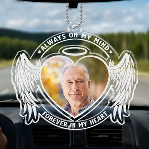 Photo personnalisée pour toujours dans nos cœurs - Ornement de voiture personnalisé commémoratif - Forme personnalisée en acrylique - Cadeau de condoléances pour les membres de la famille