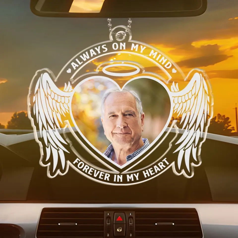 Photo personnalisée pour toujours dans nos cœurs - Ornement de voiture personnalisé commémoratif - Forme personnalisée en acrylique - Cadeau de condoléances pour les membres de la famille