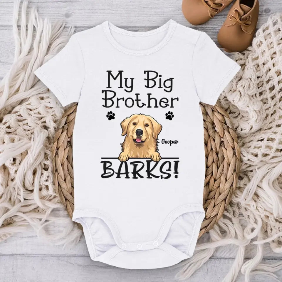 Mon grand frère aboie – Body bébé personnalisé avec chien – Cadeau de naissance, cadeau pour une première maman, pour les propriétaires d'animaux et les amoureux des animaux