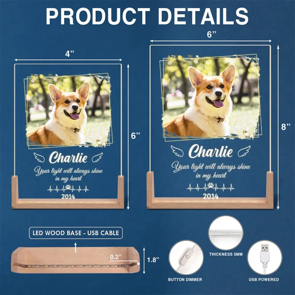 Photo personnalisée « L'amour d'un chien est éternel » - Veilleuse LED 3D en noyer personnalisée et personnalisée - Cadeau de condoléances pour les propriétaires et les amoureux des animaux