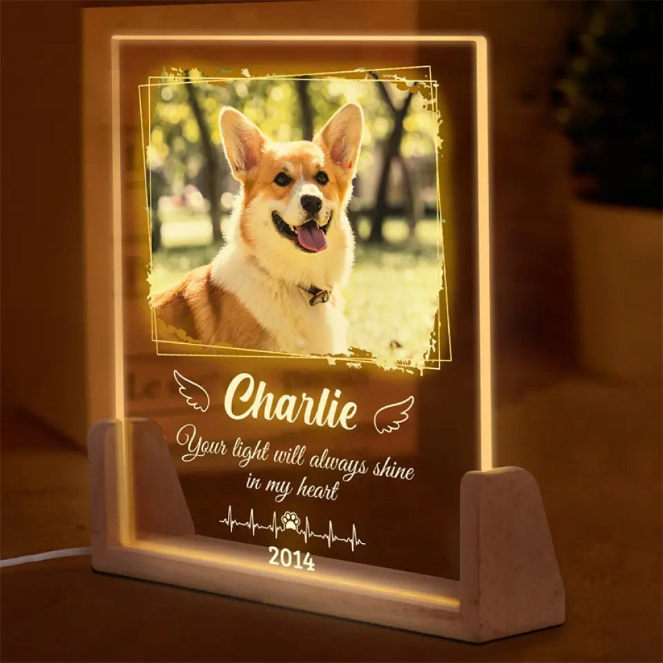 Photo personnalisée « L'amour d'un chien est éternel » - Veilleuse LED 3D en noyer personnalisée et personnalisée - Cadeau de condoléances pour les propriétaires et les amoureux des animaux