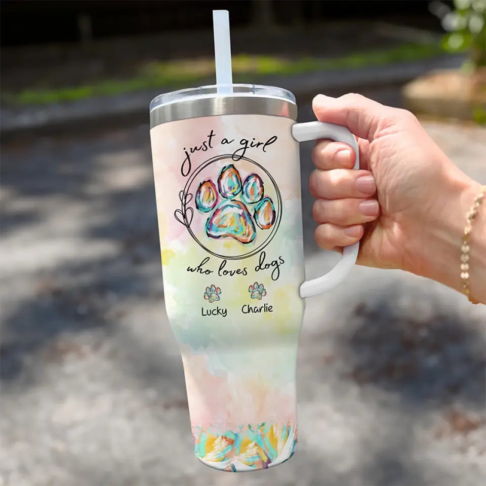 Juste une fille qui aime les chiens - Gobelet personnalisé en acier inoxydable de 1 134 ml avec poignée pour chien et chat - Cadeau pour les propriétaires et les amoureux des animaux