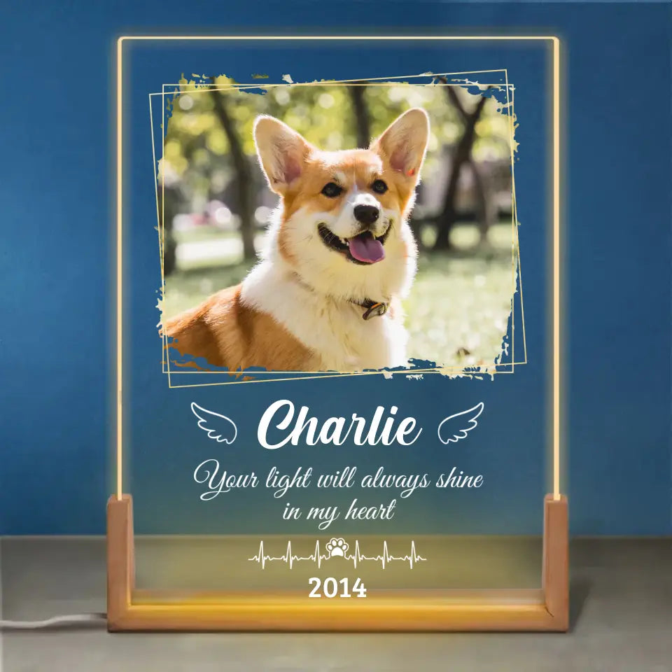 Photo personnalisée « L'amour d'un chien est éternel » - Veilleuse LED 3D en noyer personnalisée et personnalisée - Cadeau de condoléances pour les propriétaires et les amoureux des animaux