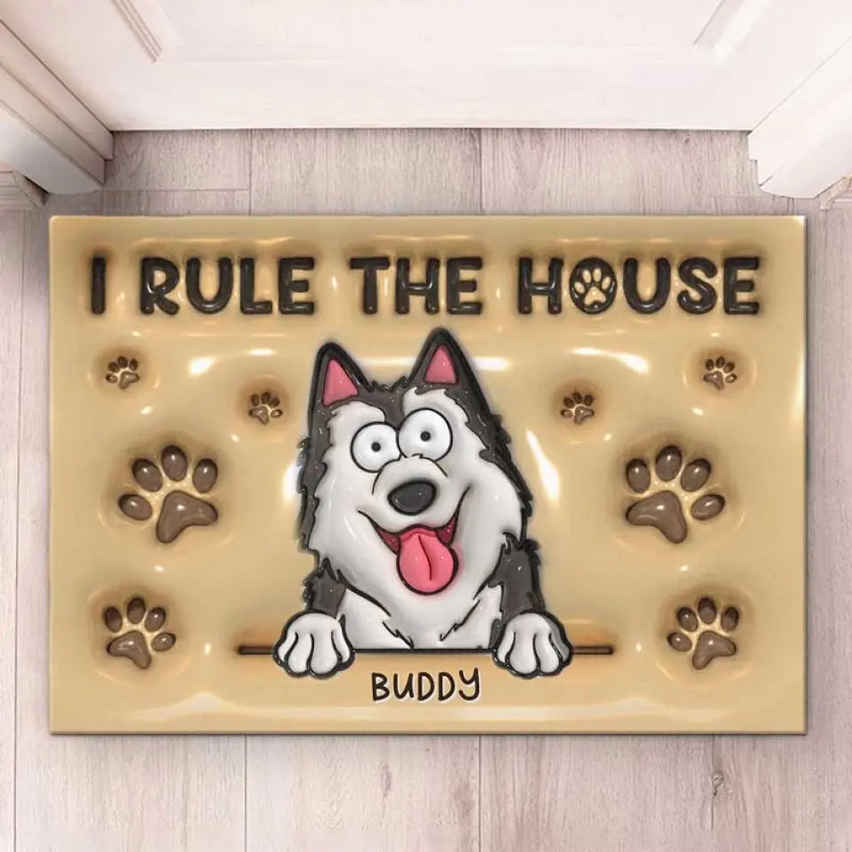 Tapis décoratif personnalisé avec motif de chien « We Rule The House » en 3D, effet gonflable, imprimé, décoration d'intérieur - Cadeau de pendaison de crémaillère pour les propriétaires et les amoureux des animaux
