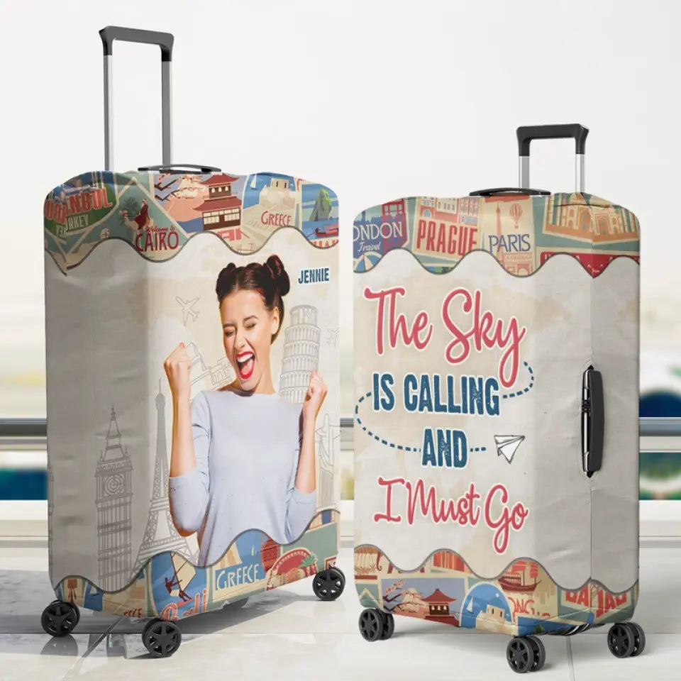 Housse de bagage personnalisée avec photo « Le ciel vous appelle » - Cadeau de vacances, cadeau pour les amoureux du voyage d'aventure