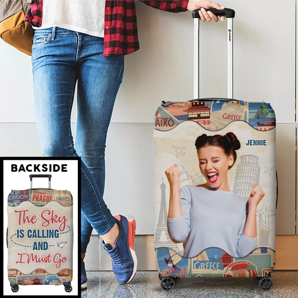 Housse de bagage personnalisée avec photo « Le ciel vous appelle » - Cadeau de vacances, cadeau pour les amoureux du voyage d'aventure