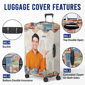 Housse de bagage personnalisée avec photo « Un homme adore voyager » - Cadeau de vacances, cadeau pour les amoureux du voyage d'aventure