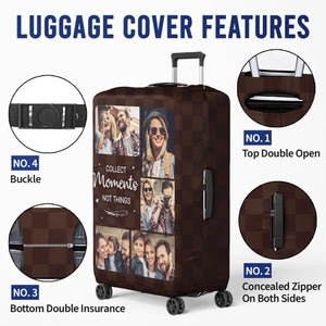 Housse de bagage personnalisée avec photo, collectionnez des moments, pas des choses - Cadeau de voyage pour les vacances, cadeau pour les amoureux du voyage d'aventure