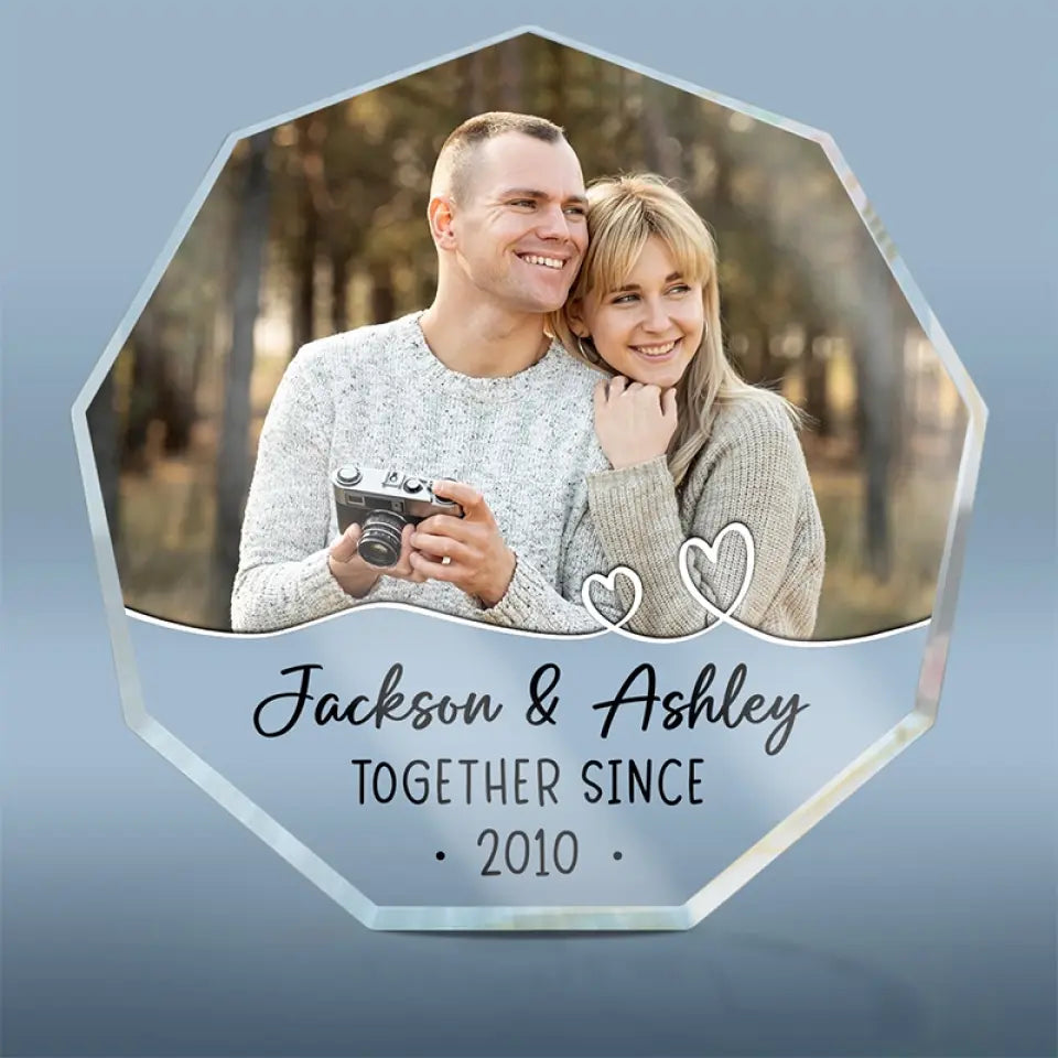 Photo personnalisée « Nous sommes ensemble depuis » – Plaque acrylique personnalisée en forme de nonagone pour couple – Cadeau pour mari et femme, anniversaire