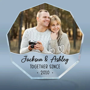 Photo personnalisée « Nous sommes ensemble depuis » – Plaque acrylique personnalisée en forme de nonagone pour couple – Cadeau pour mari et femme, anniversaire