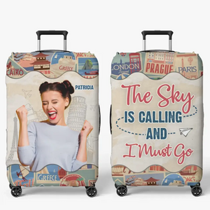 Housse de bagage personnalisée avec photo « Le ciel vous appelle » - Cadeau de vacances, cadeau pour les amoureux du voyage d'aventure