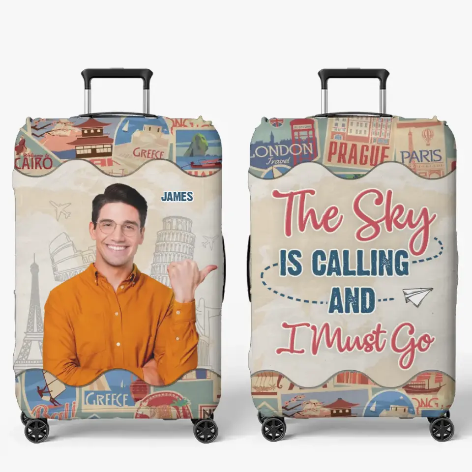 Housse de bagage personnalisée avec photo « Un homme adore voyager » - Cadeau de vacances, cadeau pour les amoureux du voyage d'aventure
