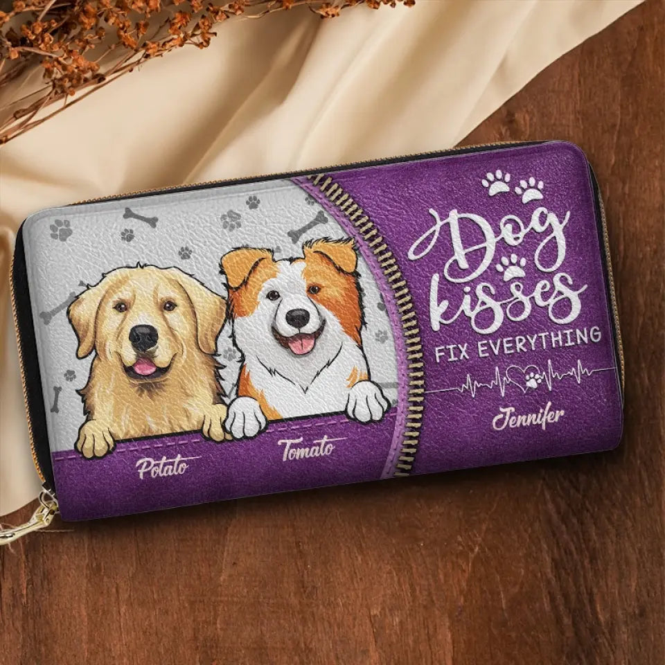 Bisous de chien : tout est possible ! Portefeuille long en cuir personnalisé pour chien et chat ! Cadeau pour les propriétaires et les amoureux des animaux.