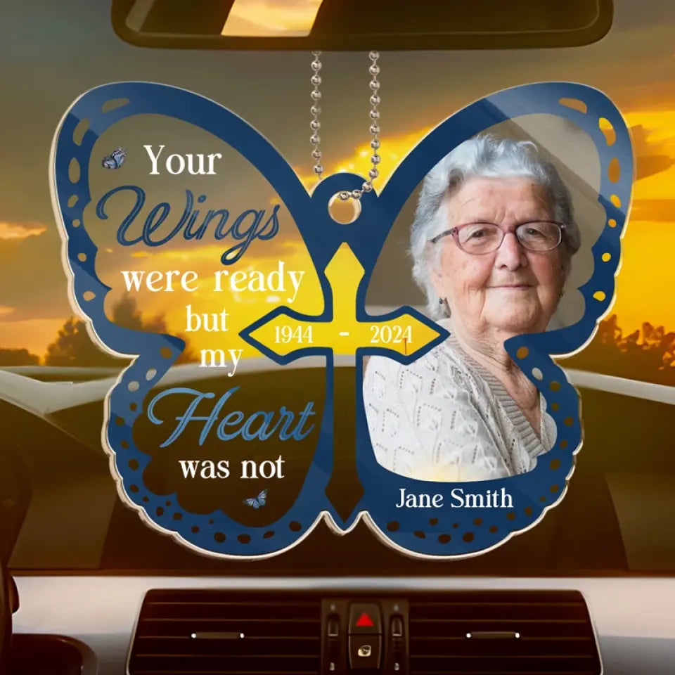 Photo personnalisée « Vos ailes étaient prêtes » - Ornement de voiture personnalisé commémoratif - Forme personnalisée en acrylique - Cadeau de condoléances pour les membres de la famille