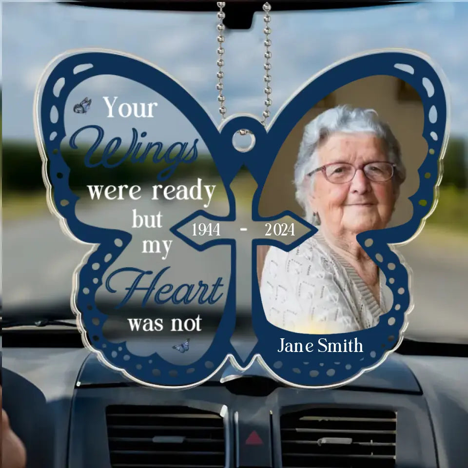 Photo personnalisée « Vos ailes étaient prêtes » - Ornement de voiture personnalisé commémoratif - Forme personnalisée en acrylique - Cadeau de condoléances pour les membres de la famille