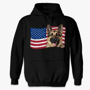 T-shirt, sweat à capuche et sweat-shirt unisexe personnalisé avec photo du drapeau américain pour chien et chat – Cadeau pour propriétaires et amoureux des animaux