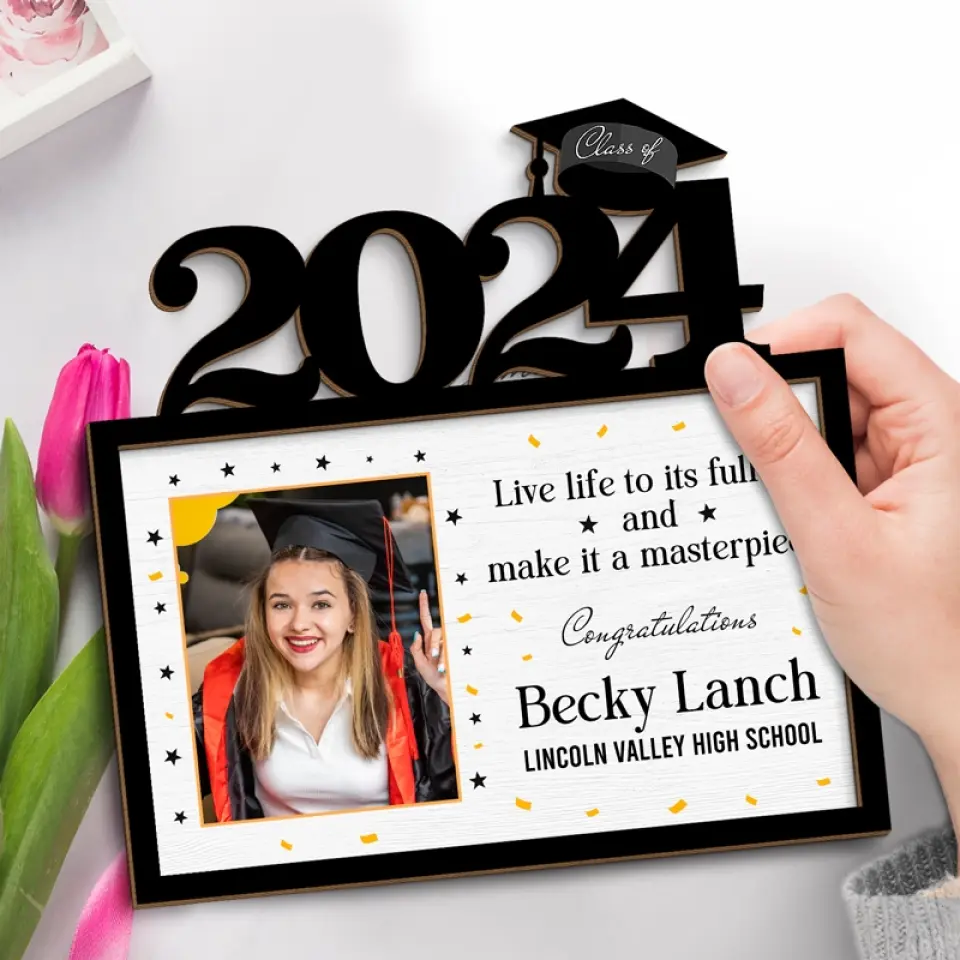 Photo personnalisée Vivez pleinement votre vie et faites-en un chef-d'œuvre - Plaque en bois personnalisée à 2 couches avec support pour famille - Cadeau de remise de diplôme pour frères et sœurs