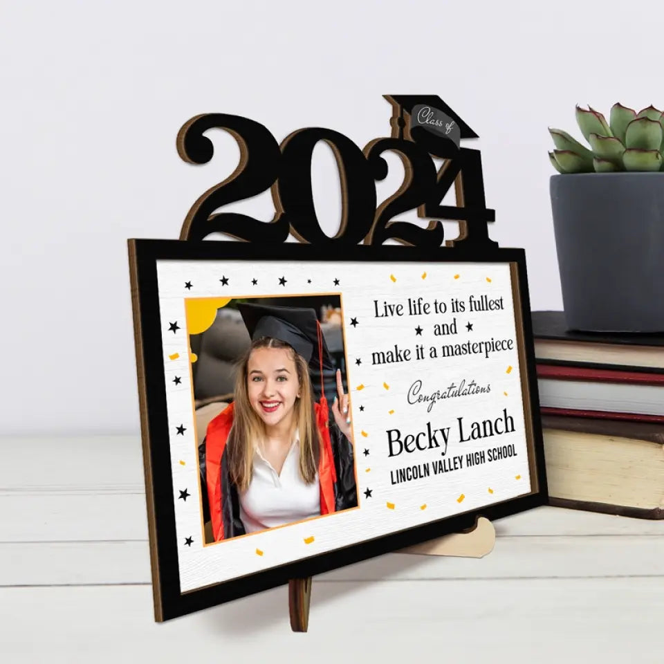 Photo personnalisée Vivez pleinement votre vie et faites-en un chef-d'œuvre - Plaque en bois personnalisée à 2 couches avec support pour famille - Cadeau de remise de diplôme pour frères et sœurs