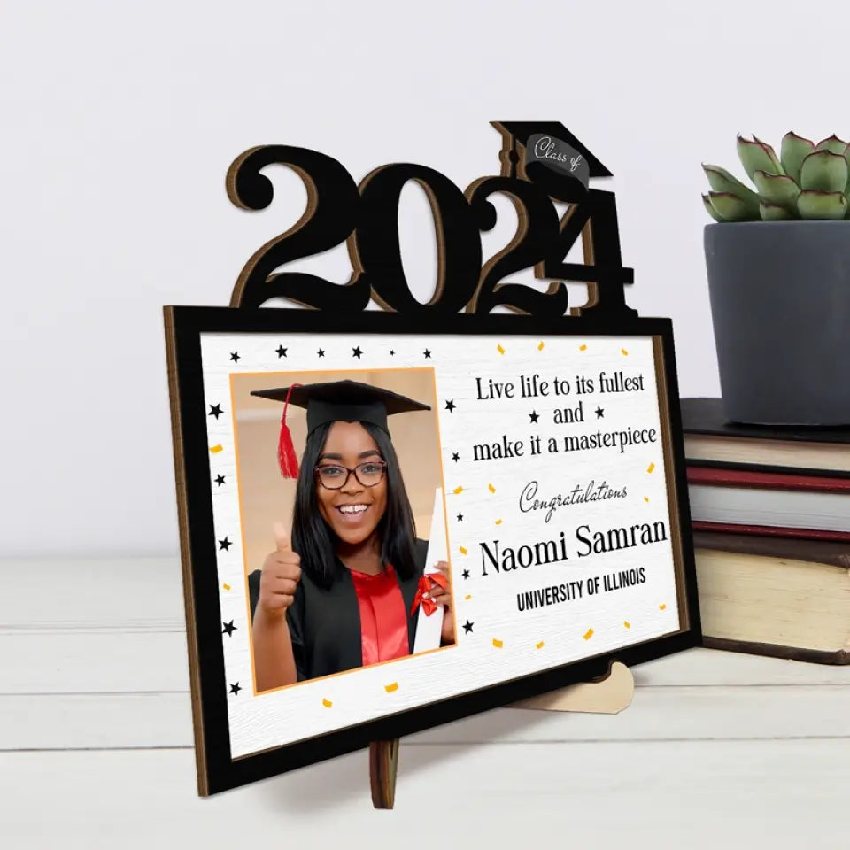 Photo personnalisée Vivez pleinement votre vie - Plaque en bois personnalisée à 2 couches avec support - Cadeau de remise de diplôme pour frères et sœurs