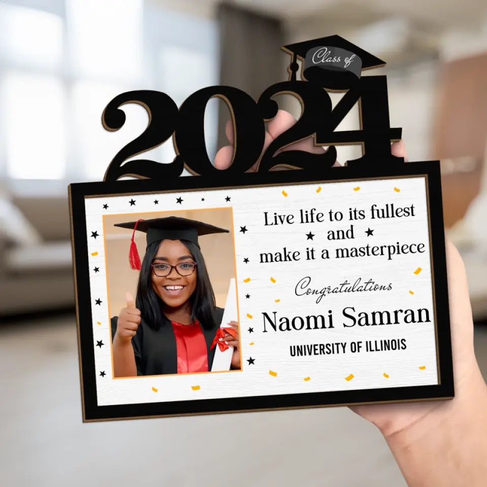 Photo personnalisée Vivez pleinement votre vie - Plaque en bois personnalisée à 2 couches avec support - Cadeau de remise de diplôme pour frères et sœurs