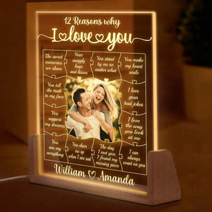 Photo personnalisée 12 raisons pour lesquelles je t'aime - Veilleuse LED 3D en noyer personnalisée pour couple - Cadeau pour mari et femme, anniversaire