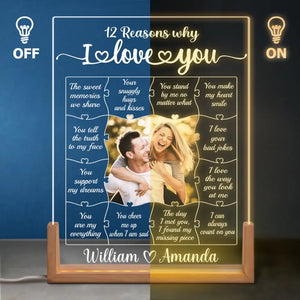 Photo personnalisée 12 raisons pour lesquelles je t'aime - Veilleuse LED 3D en noyer personnalisée pour couple - Cadeau pour mari et femme, anniversaire