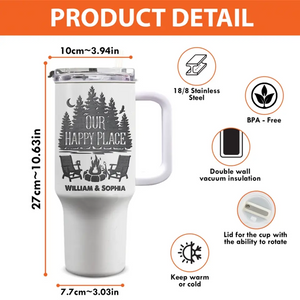 Notre endroit heureux est là où nous campons ensemble - Gobelet personnalisé en acier inoxydable de 40 oz avec poignée - Cadeau pour les amateurs de camping