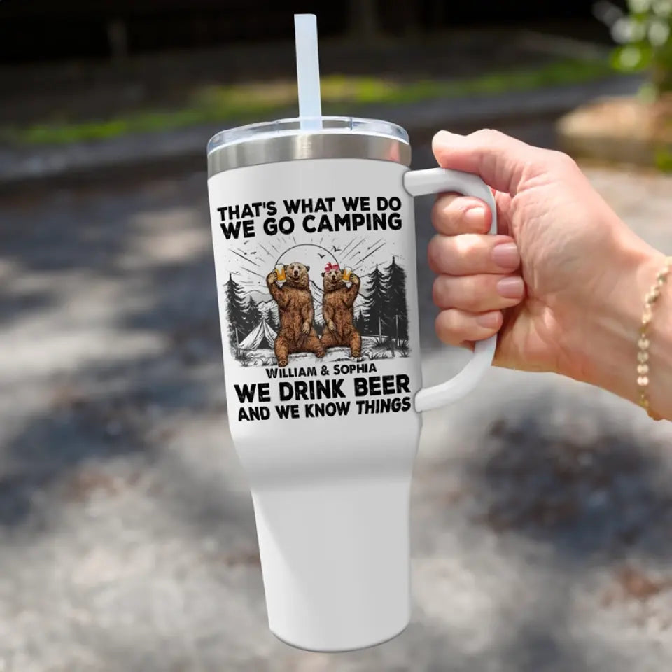 On va camper, on boit de la bière - Gobelet personnalisé en acier inoxydable de 40 oz avec poignée - Cadeau pour les amateurs de camping