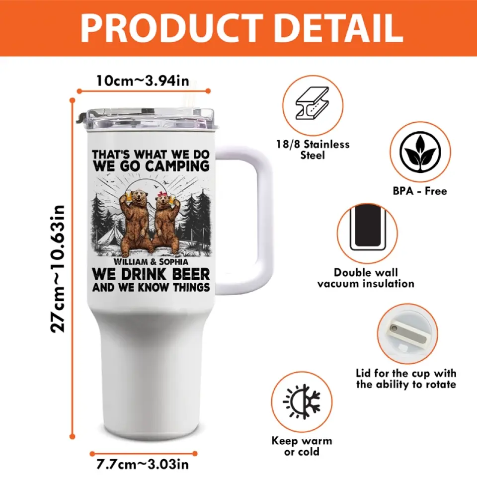 On va camper, on boit de la bière - Gobelet personnalisé en acier inoxydable de 40 oz avec poignée - Cadeau pour les amateurs de camping