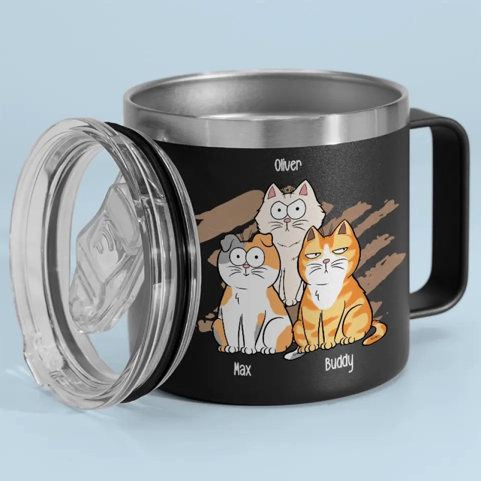 La vie est meilleure avec du café et un chat ! Gobelet personnalisé en acier inoxydable de 14 oz avec poignée, motif chat ! Cadeau pour les propriétaires et les amoureux des animaux.