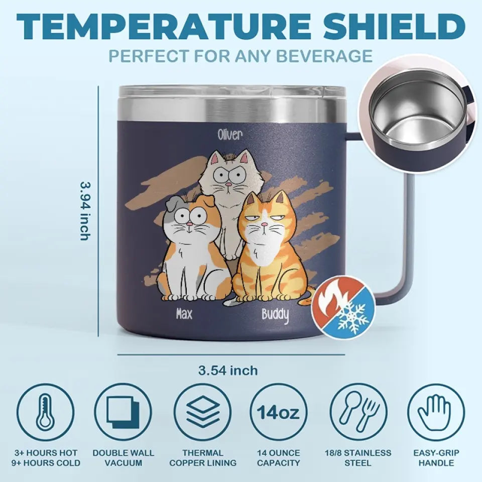 La vie est meilleure avec du café et un chat ! Gobelet personnalisé en acier inoxydable de 14 oz avec poignée, motif chat ! Cadeau pour les propriétaires et les amoureux des animaux.