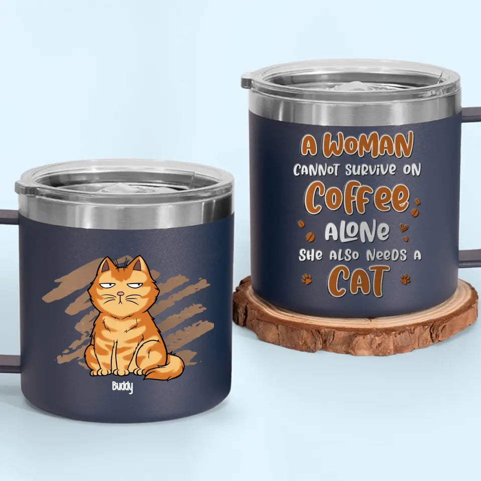 La vie est meilleure avec du café et un chat ! Gobelet personnalisé en acier inoxydable de 14 oz avec poignée, motif chat ! Cadeau pour les propriétaires et les amoureux des animaux.